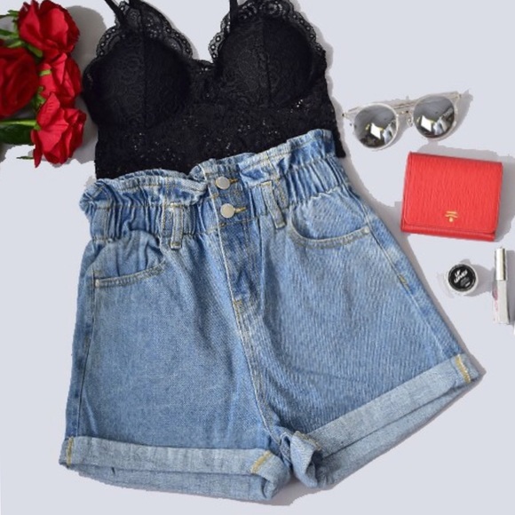 Paperbag Elastc Waist High Rise Denim Shorts - Picture 3 of 8